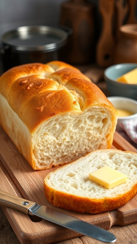 Simple No-Yeast Bread Loaf Recipe A golden brown no-yeast bread loaf sliced on a cutting board with butter.
